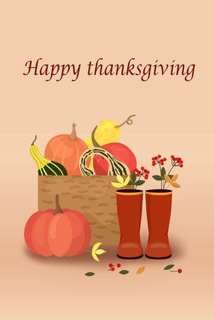 postcard basket with umpkins, with leaves and berries of mountain ash, boots, in beige tones, thanksgiving, autumn seasonのイラスト素材