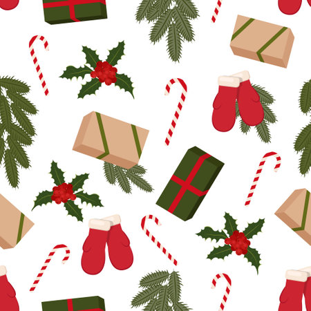 Seamless Christmas pattern, made of gifts, spruce branches, sweets, red berries for packaging,...