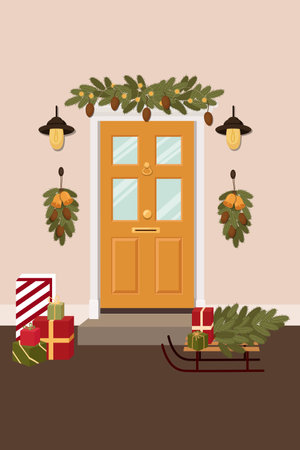 Decorated front door for Christmas, garland of green spruce and pine, with cones, sleigh with a Christmas tree, vector picture for postcards, printsのイラスト素材