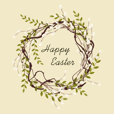 greeting card with a bright Easter holiday, a wreath of branches and willowのイラスト素材