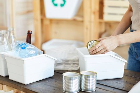 Close-up of woman sorting the cans into the small boxes she recycling the wasteの写真素材