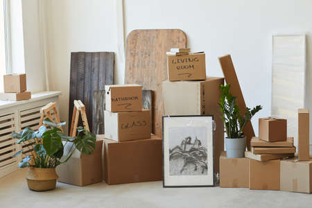 Image of packed signed boxes and other things prepared for relocation
