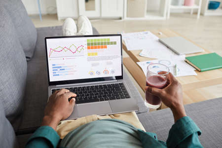Close-up of businessman lying on sofa with fresh cocktail and examining business charts on monitor of laptop at homeの写真素材