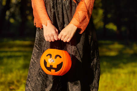 Close-up of little girl in costume holding pumpkin basket and standing outdoorsの写真素材