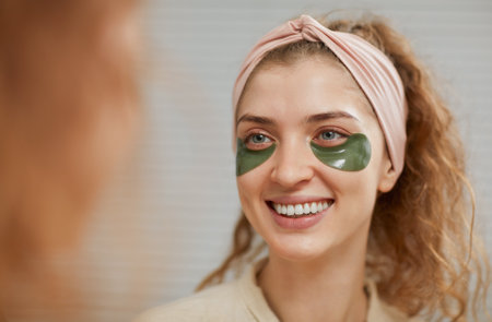 Young woman with patches on her face smiling at the mirror taking care of her skinの写真素材
