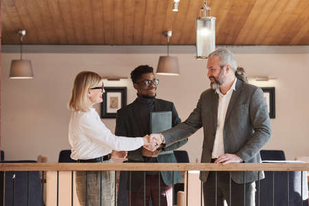 Group of business partners shaking hands and greeting each other while African businessman introducing them before meetingの写真素材