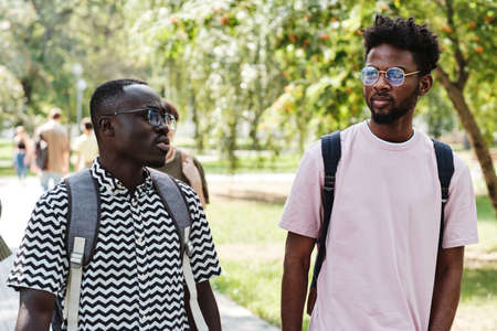 Two African students talking to each other while walking through the park togetherの写真素材