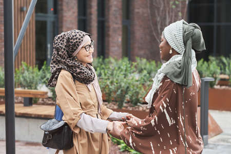 Two muslim women holding hands and smiling to each other during their meeting in the cityの写真素材