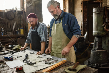 Two colleagues standing near the table with tools and making details together in the workshopの写真素材