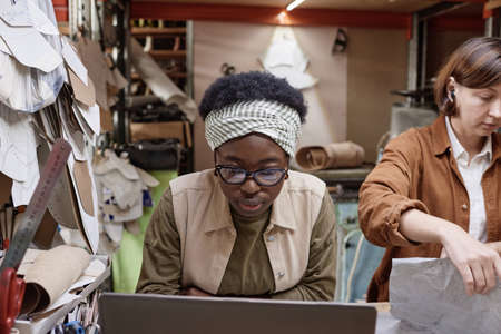 Serious African tailor working on laptop at the table with her colleague packing product in the background in the workshopの写真素材