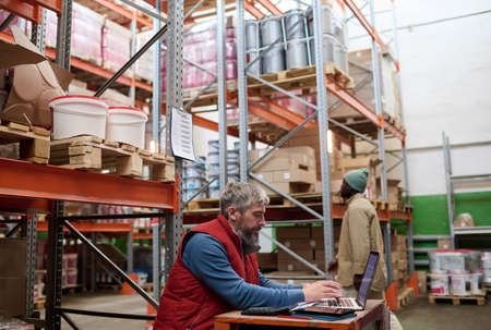 Mature bearded supervisor sitting at his workplace and typing on laptop during his work at distribution warehouseの写真素材