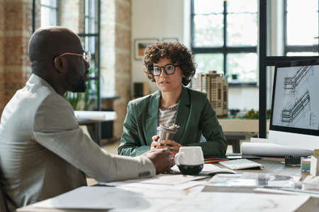 Female architect discussing construction project with her client while they sitting at table with...