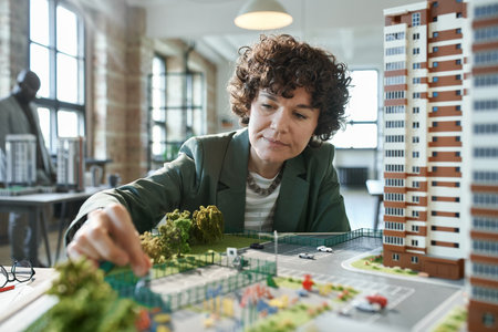 Young female architect working over mock-up of building, she developing new construction project at...