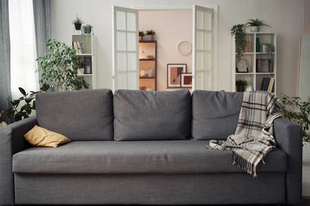 Horizontal image of comfortable big sofa standing in living room in apartmentの写真素材