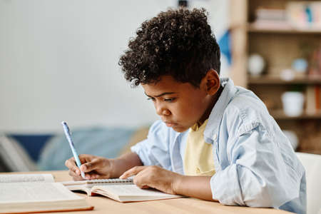 African schoolboy sitting at his desk in the room and doing homework making notes in notebookの写真素材