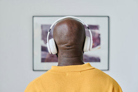 Rear view of African young listening to guide in wireless headphones at art gallery
