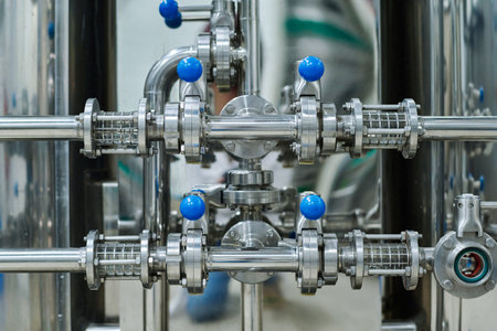 Close-up of stainless steel pipeline for processing chemical waste in modern factory