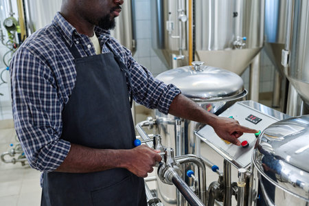 Close-up of African American worker in apron pushing the button to turn on the equipment for brewed beerの写真素材