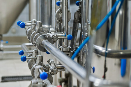 Close-up of metal pipes with blue levers on machinery at manufacturing factoryの写真素材