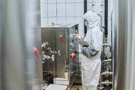 Engineer in protective costume pushing button on machinery to start the work at chemical factory