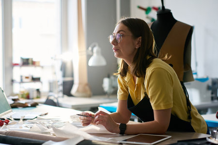 Experienced pensive seamstress in eyeglasses and workwear sitting by table with sewing patterns...