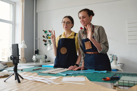 Two creative female tanners in workwear greeting online audience during online masterclass while...