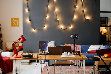 Horizontal image of modern studio for recording songs and music with computer and musical instrumentsの写真素材