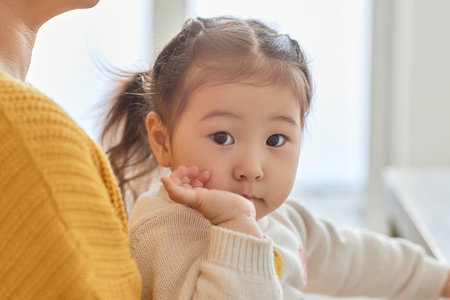 Portrait of Asian cute baby girl looking at camera while sitting on her mothers knees