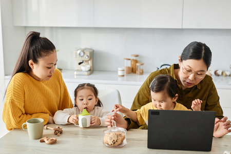 Two friends sitting with their kids in the kitchen, they talking and playingの写真素材