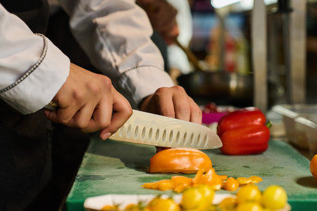 Hands of young female worker of kitchen chopping fresh capsicum for salad with sharp steel knife while standing by table or counterの写真素材