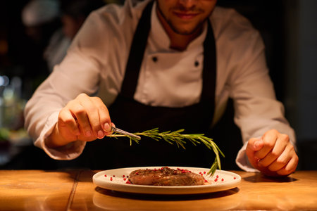 Hand of young male chef putting aromatic herb on top of roasted meat seasoned with spices while preparing tasty dish for servingの写真素材