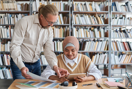 Teacher pointing at tablet pc and explaining online presentation to muslim student during lessonの写真素材