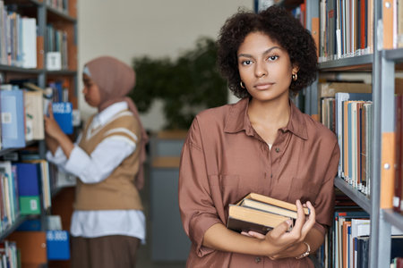 Portrait of African AMerican student looking at camera while standing with books near the bookcase...