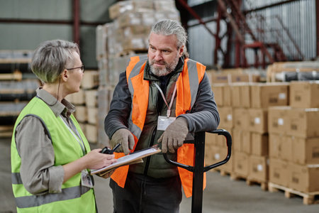 Manager in protective clothing holding documents and giving task to worker during work in warehouseの写真素材