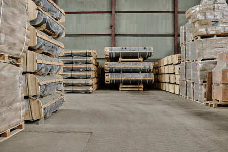 Horizontal image of big storage room with packed containers on pallets
