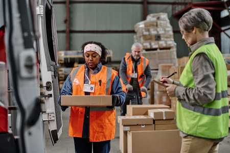 Foreman in reflective clothing filling the invoice and controlling the loading of cargo in truck