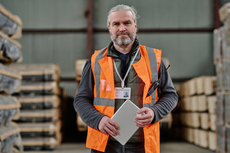 Portrait of mature foreman in workwear with tablet pc looking at camera while working in warehouse