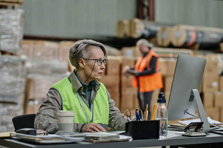 Worker sitting at her workplace in warehouse and working on computerの写真素材