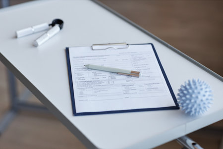 Close-up of medical contract for treatment on table in hospitalの写真素材