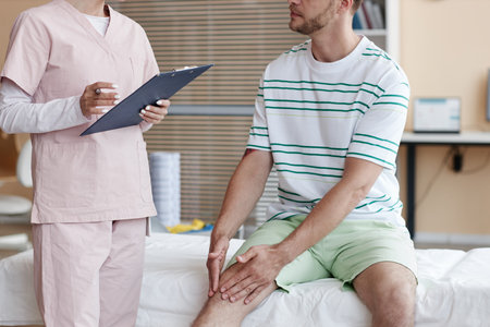 Patient sitting on couch and complaining on his pain leg to doctor during his visit in clinicの写真素材