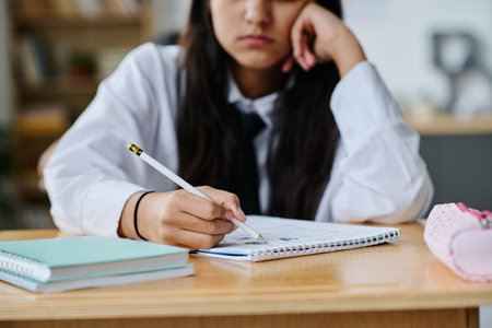Schoolgirl sitting at desk and making notes in notebook during lesson at schoolの写真素材