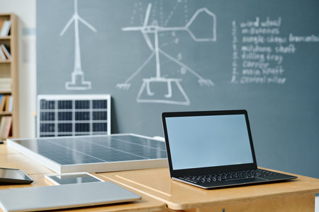 Close-up of computer on table in the classroom for online studying at school
