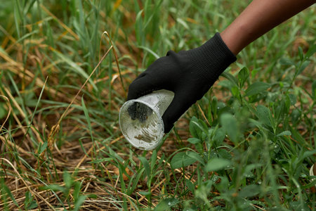 Close-up of man in protective gloves picking up plastic garbage from the ground outdoorsの写真素材