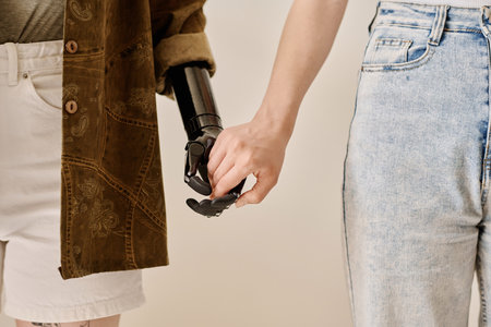 Close-up of lovely lesbian couple holding hands against white backgroundの写真素材