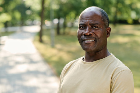 Portrait of African American senior man looking at camera during his sport training in the parkの写真素材