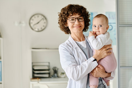 Portrait of young pediatrician in white coat holding baby on arms and smiling at camera while standing in her officeの写真素材