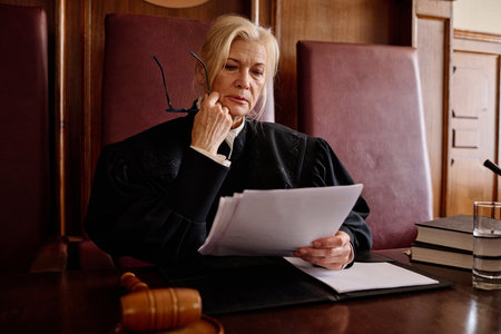 Serious blond woman in black mantle looking through paper documents while sitting in front of attorney, witnesses and suspect during trial sessionの写真素材