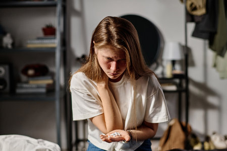 Desperate teenager in white t-shirt holding pills on palm and looking at them while sitting in front of camera and trying to commit suicideの写真素材