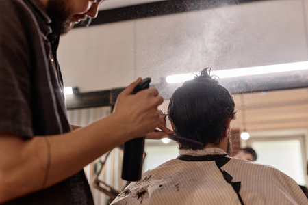 Rear view of barber spraying with water on hair of customer to comb it and cutの写真素材
