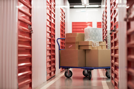 Cart with cardboard boxes in corridor of self-storage